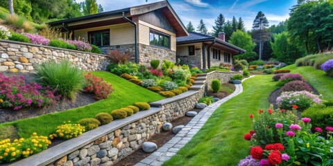 Fototapeta premium Landscaped hillside residence with stone retaining walls, vibrant flowering plants, and a curving paved pathway leading to a charming home