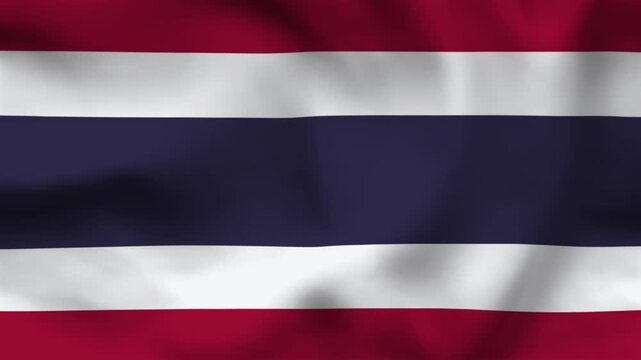 National flag of Thailand on wavy cloth. Features the five horizontal stripes of red, white, and blue. Professional top-down perspective for Asian travel, news, and national holidays.