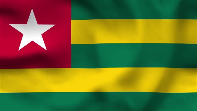 National flag of Togo on wavy cloth. Features five stripes with a white star on a red square canton. High-quality top-down view for African news and national independence day.