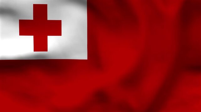 National flag of Tonga on wavy cloth. Features a red field with a white square containing a red cross. Professional top-down perspective for Pacific island themes and holidays.