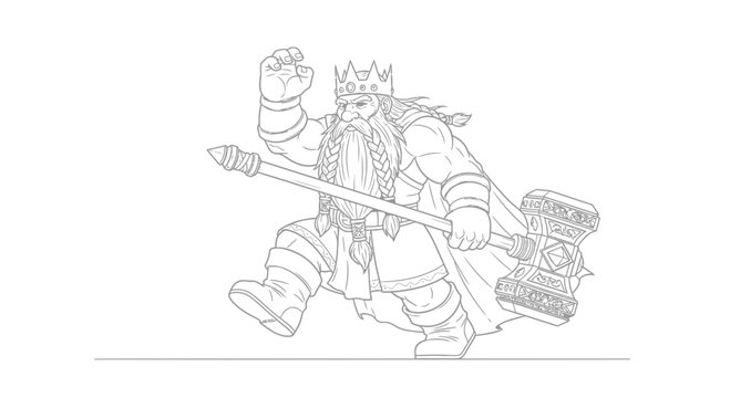 Fantasy Dwarf King Warrior with Crown and Hammer, Epic Battle Pose