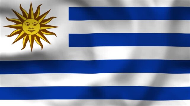 National flag of Uruguay on wavy cloth. Features blue and white stripes with a golden sun in the canton. Professional top-down view for national news and holidays.