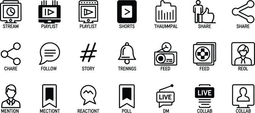 Professional black line icon set for multimedia content creation featuring short-form video distribution social interaction playlist management and digital creator engagement symbols