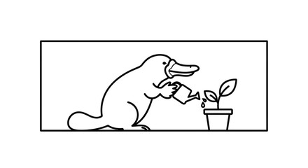 Fototapeta premium Cute platypus watering a small plant in a pot, cartoon style