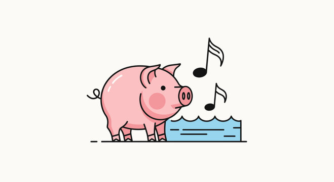 Cute Pig Singing by Water Trough, Musical Notes, Farm Animal Illustration