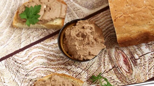 Rustic appetizer with liver pate and parsley garnish