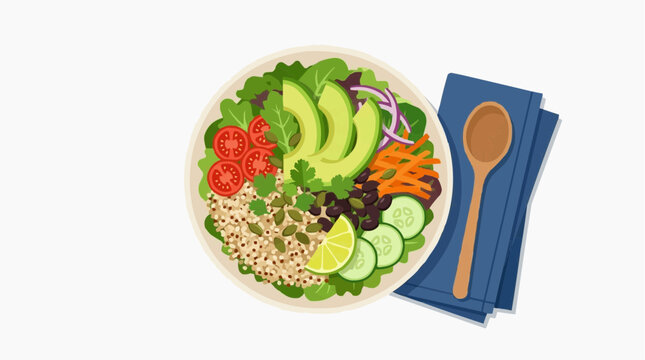 A vibrant and healthy Buddha bowl filled with fresh ingredients like avocado, quinoa, cherry tomatoes, cucumber, and black beans, garnished with lime and pumpkin seeds. Isolated on white background