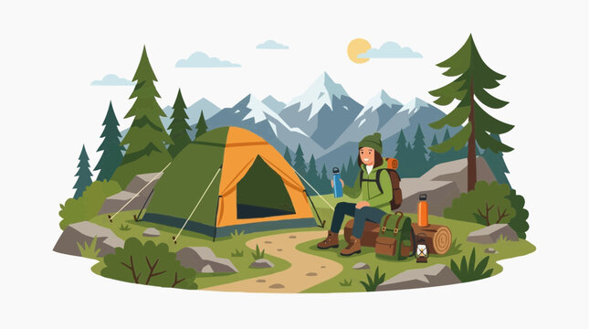 A lone hiker rests at a campsite nestled in a scenic mountain landscape, with a tent set up amidst pine trees and rocky terrain. Isolated on white background