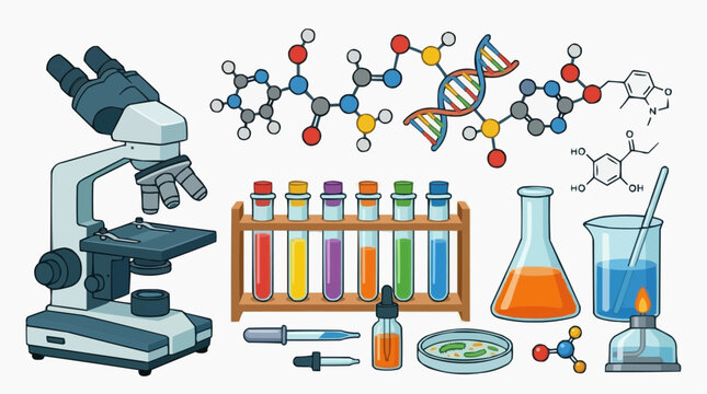 Scientific laboratory equipment and molecular structures, depicting research and discovery. Isolated on white background