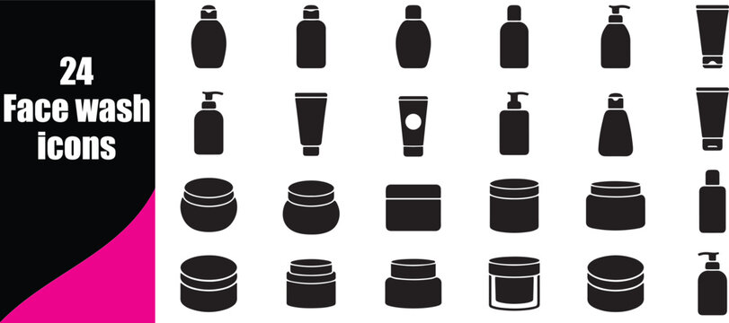 Collection of twenty four face wash icons for skincare beauty products and retail store branding.