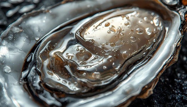Closeup of an open oyster shell with water droplets on a dark surface