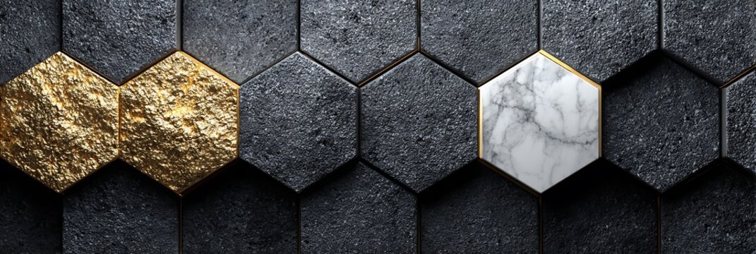 Hexagonal wall tiles in dark textured stone with gold leaf and white marble accents creating a luxury geometric pattern for sophisticated interior design and architecture