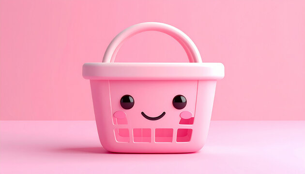 Cute pink basket with smiling face on pink surface
