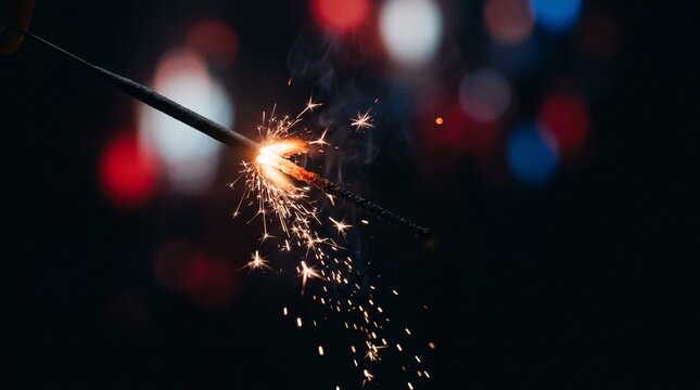 A dazzling sparkler ignites the dark night with a shower of brilliant golden sparks, creating a magical and festive atmosphere ideal for holiday celebrations and special moments