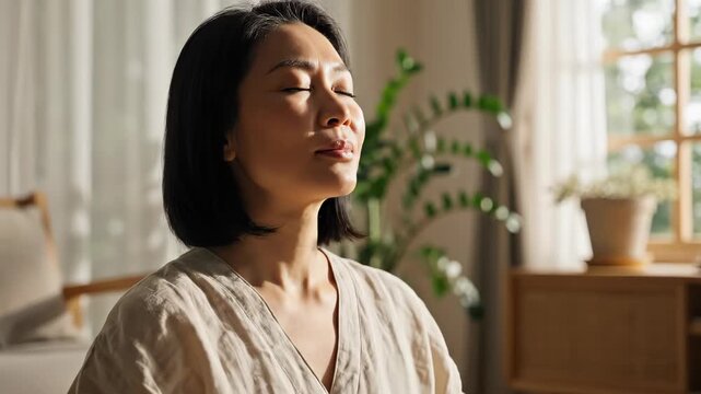 Serene Asian woman practicing meditation and mindful breathing in a sunlit living room, seated cross-legged on the floor with eyes closed amidst natural home decor and plants