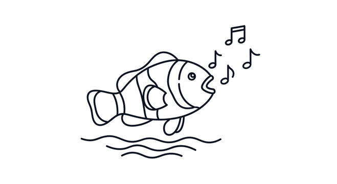 Cute cartoon clownfish singing happily above water with musical notes