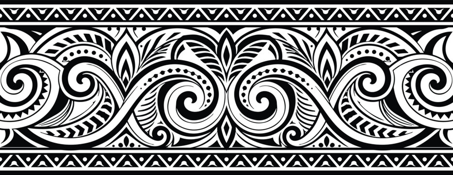 Polynesian Maori Tribal Border Pattern Vector Illustration, Abstract Waves and Floral Tribal Elements Horizontal Border.
