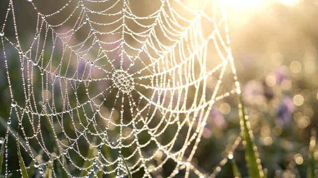Shimmering Spiderweb Adorned with Morning Dewdrops, Capturing the Golden Glow of a Serene Sunrise in Nature's Delicate Embrace