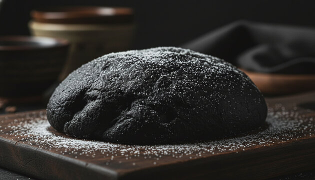 Raw Nero di Seppia squid ink pasta dough texture dusted with white flour