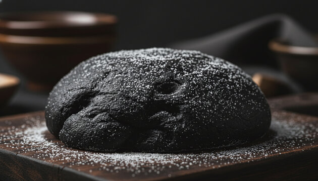Raw Nero di Seppia squid ink pasta dough texture dusted with white flour