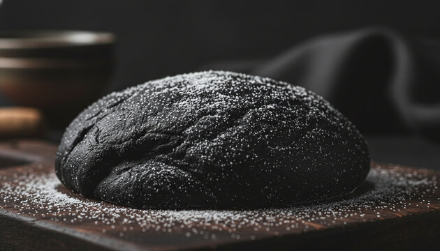 Raw Nero di Seppia squid ink pasta dough texture dusted with white flour