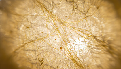 Obraz premium Natural raw silk cocoons texture with glowing golden and white threads