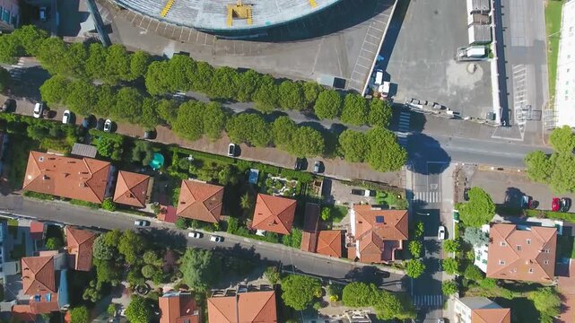 Overhead aerial view of Pisa Stadium from moving drone. Slow motion