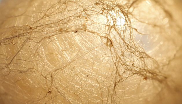 Natural raw silk cocoons texture with glowing golden and white threads