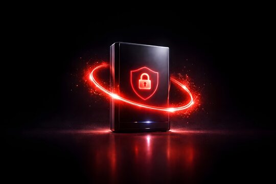Glowing red cybersecurity shield with padlock icon surrounding a black server tower in dramatic dark lighting for data protection concepts