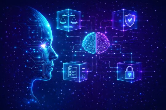 Digital human face analyzing AI governance icons and glowing brain network, neon blue and purple visualization of ethical artificial intelligence systems.