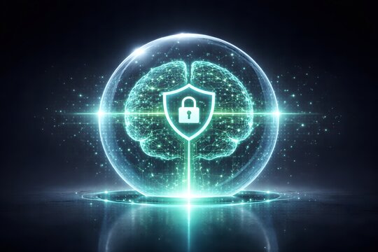 Glowing brain inside transparent sphere with shield lock icon in green and blue tones, illustrating artificial intelligence security, data protection, and trusted computing systems.