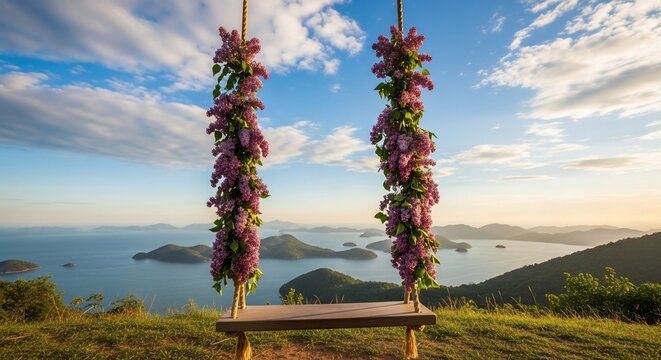 Floral swing overlooking scenic landscape