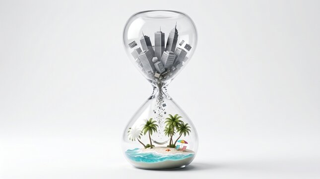 Work life balance concept with city and beach scenes in hourglass