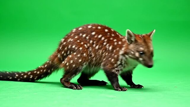 A spotted marsupial animal with brown fur and white spots on a green background.