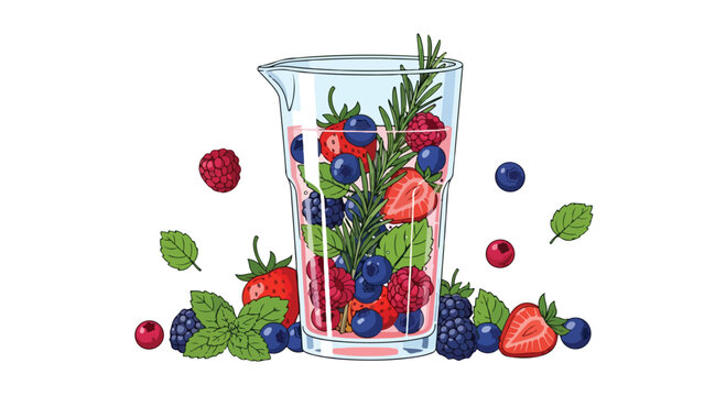 Glass pitcher filled with fresh berries and aromatic herbs.