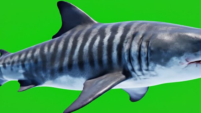 A realistic 3D rendering of a tiger shark with distinctive stripes against a vibrant green screen background.