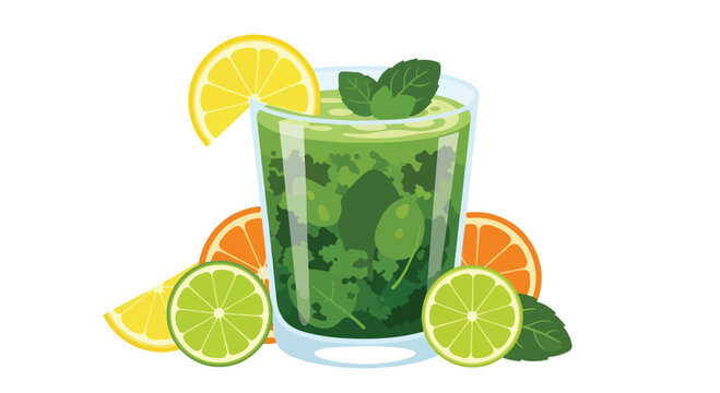 Refreshing Green Mint Mojito Cocktail with Fresh Citrus Fruit Garnishes.