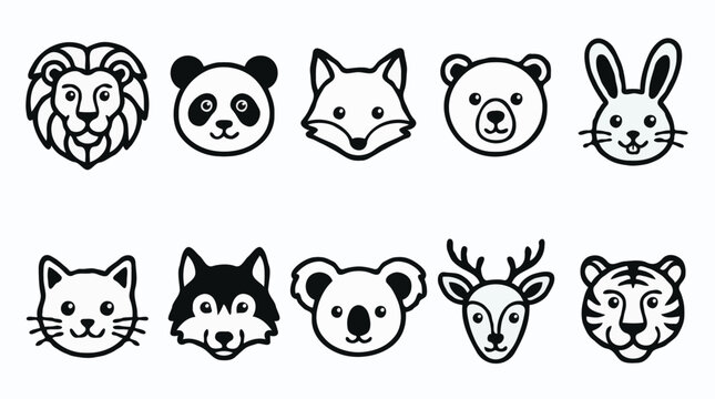 Collection of cute cartoon animal head avatars and icons including lion panda fox bear cat tiger in line art style