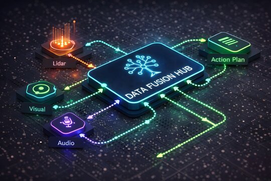 Data fusion hub interface in glowing blue and green isometric 3D style, integrating lidar, visual, and audio inputs into actionable AI analytics.