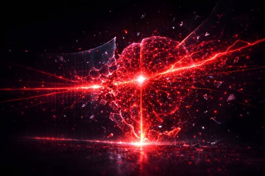 Exploding red digital brain with electric energy bursts and fragmented shards on dark background, depicting cyber warfare, neural disruption, and technology failure.