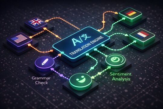 AI translation engine interface in blue and green neon isometric style, displaying multilingual processing, grammar checks, and sentiment analysis across global languages.