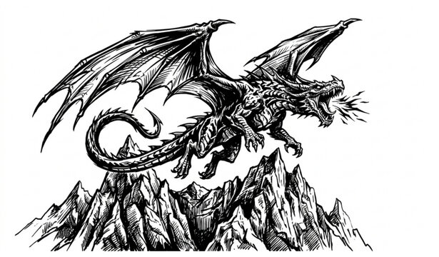 Fierce Dragon Over Mountain Graphic Vector Illustration Black and White Fantasy Sketch Isolated on White