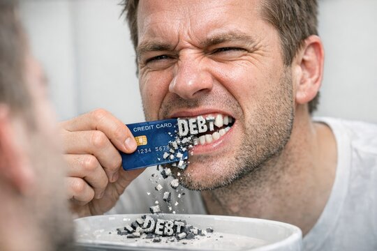 A man holding a credit card in his mouth, possibly struggling or trying to get it out