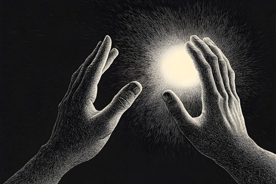 A graphic illustration in a scratchboard or woodcut aesthetic, using only black and an ivory hue. the primary subjects are two human hands