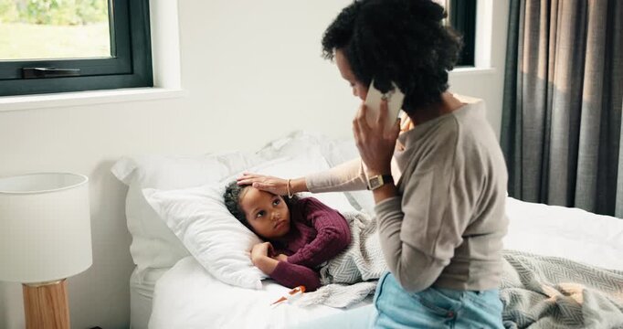Virus, phone call and mother with daughter in bedroom for telehealth, healthcare and disease. Medical advice, illness and schedule doctor appointment with woman and child in family home for recovery