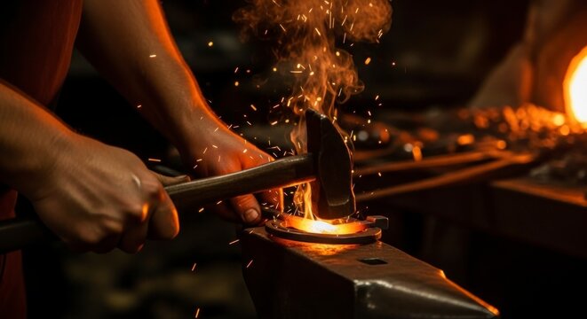 Ferreiro trabalhando, martelando metal em uma bigorna em uma oficina com ilumina&ccedil;&atilde;o aconchegante.