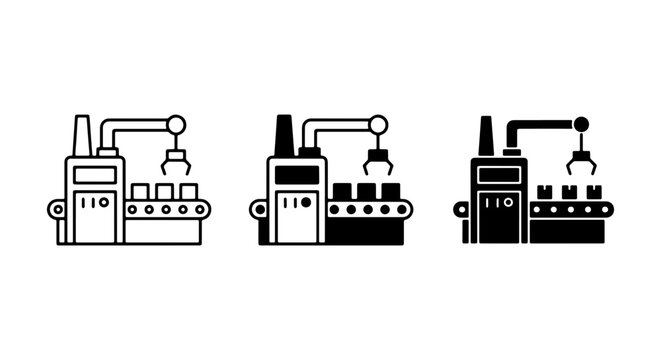 Industrial Automation Icons: Robotic Arm Assembly Line, Manufacturing Process, Factory Machine Vector Set