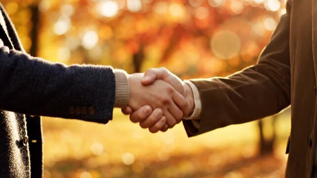 Two businessmen shaking hands outdoors in autumn park.