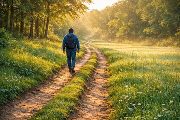 Fototapeta premium A person walking on a rural path, suitable for outdoor or nature-themed projects