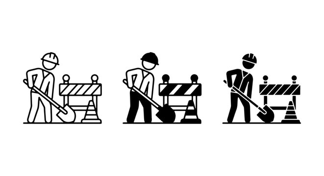 Construction Worker Icons, Roadwork Safety Barriers, Digging Shovel Vector Set